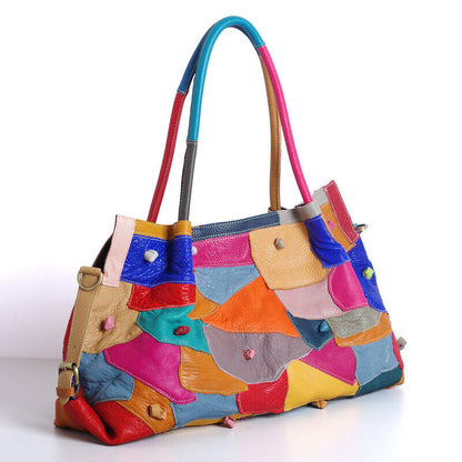 100% Genuine Leather Colorful Blocks Patchwork Handbag Women's Tote Shoulder Bag