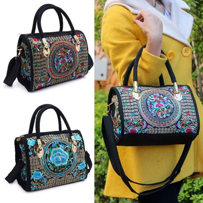 Women Floral Embroidered Handbag Ethnic Boho Canvas Tote Zipper Bag