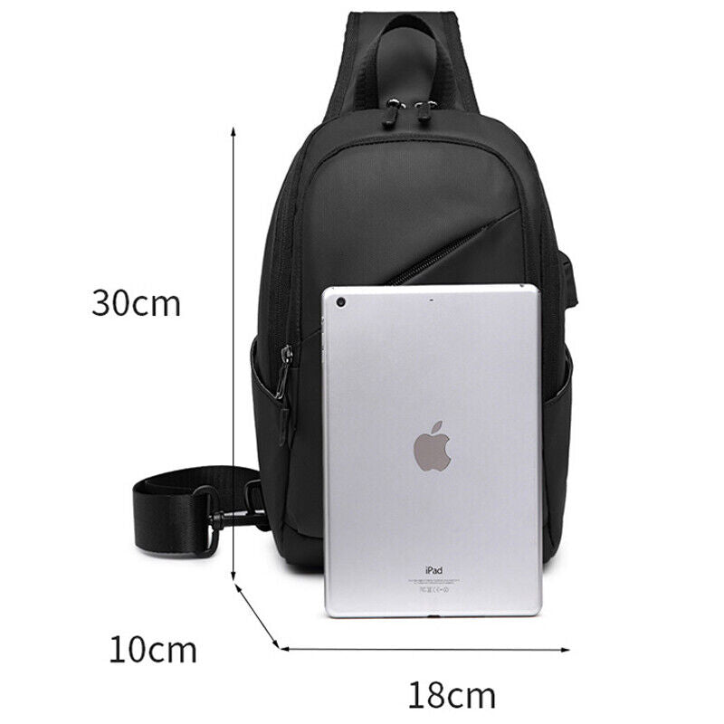 Mens Black Sling Backpack Oxford cloth Waterproof Crossbody Bag USB Port Outdoor