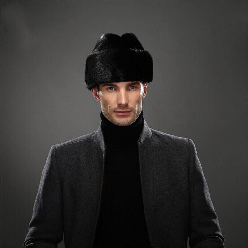 Winter French Style Mens Full-pelt Mink Hats Outdoor Solid Earflaps Hats