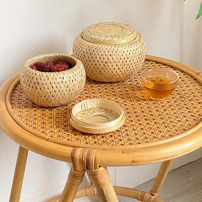 Bamboo Storage Basket with Cover Handmade Tea Woven Basket Tabletop Storage Box