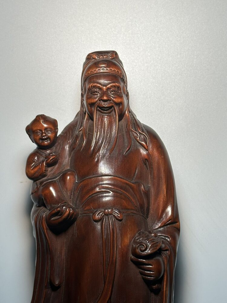 Vintage China Wooden Carved Three God Of Longevity Figure Statue Wood Sculpture