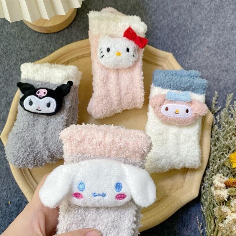 4 Pairs Cute Girl Hello Kittys Kuromi Cinnamoroll Plush Socks Coral Fluffy Socks