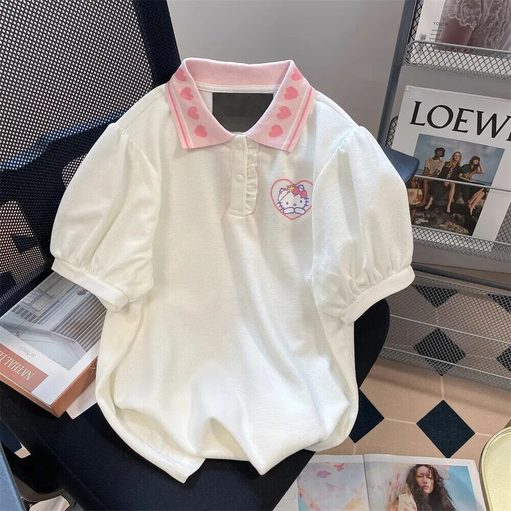 Women's cute heart Hello Kitty Printed Short Sleeves tops 100% cotton Loose Tees
