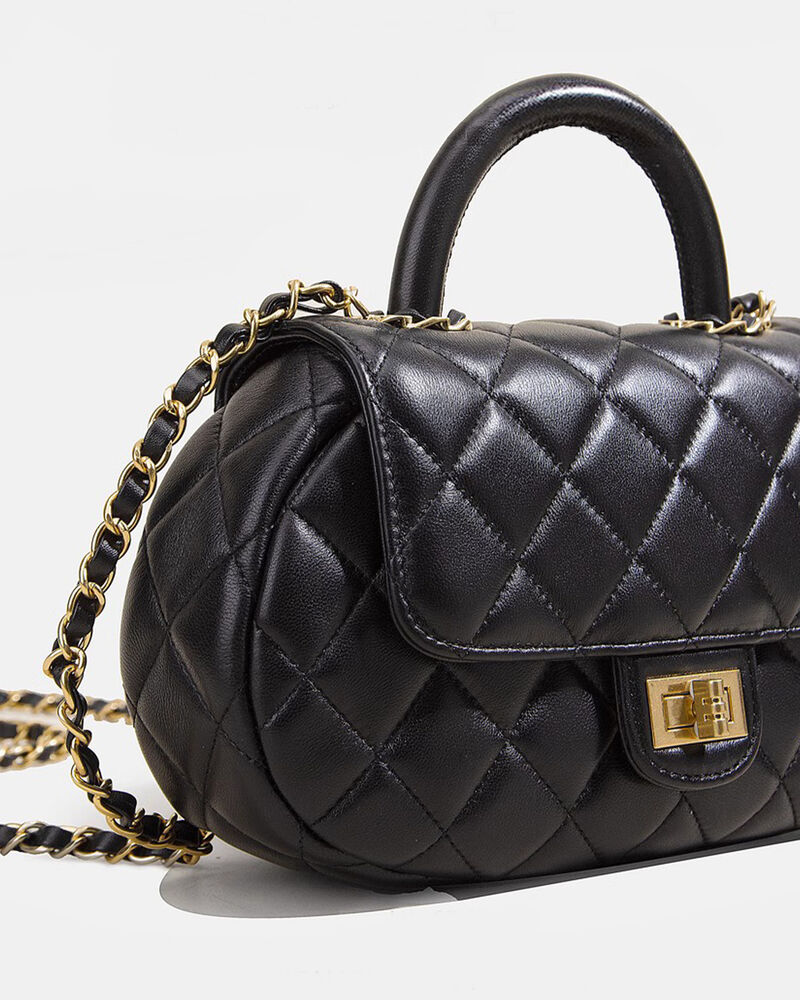 Quilted Lambskin Leather Small Flap Purse Tote Clutch Shoulder Bag w/ Gold Chain