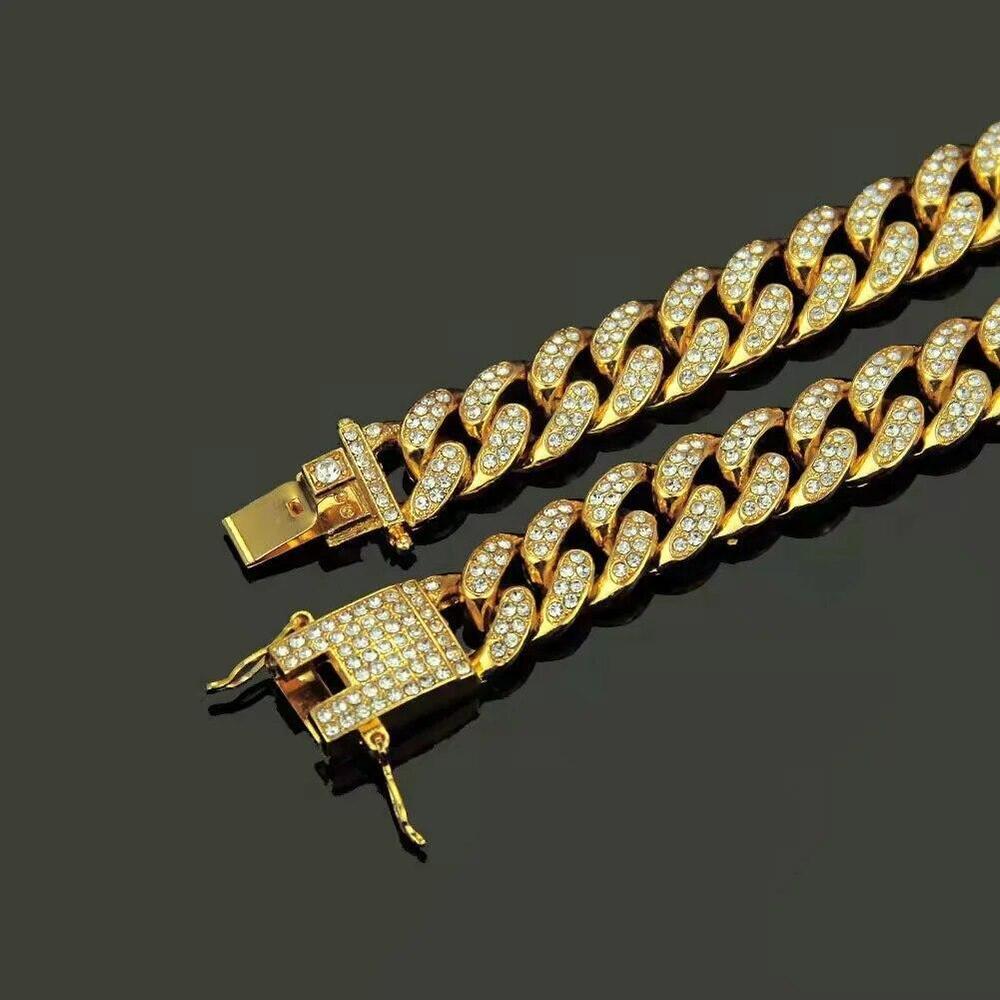 Luxury Dog Collar Diamond Chain Cuban Gold Rhinestones Pitbull Cat Necklace Gold