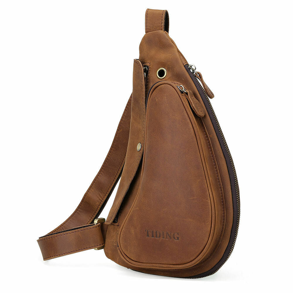 Man's Brown Real Leather Messenger Sling Chest Bag Sports Pouch Pack Cross Body