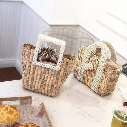 Summer Pearl Hand-woven Straw Bag Bohemian Travel Grass Woven Decoration Purse