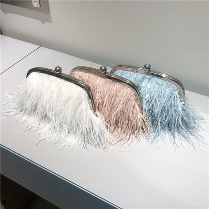 Small Feather Handbag Party Purse Elegant White Pearl Chain Shoulder Bag 22*20*4