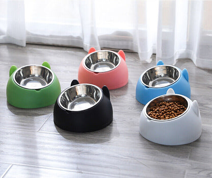 Pet Cat Elevated Stand Cat Dish Stainless Steel Tilted Raised Food Water Bowl