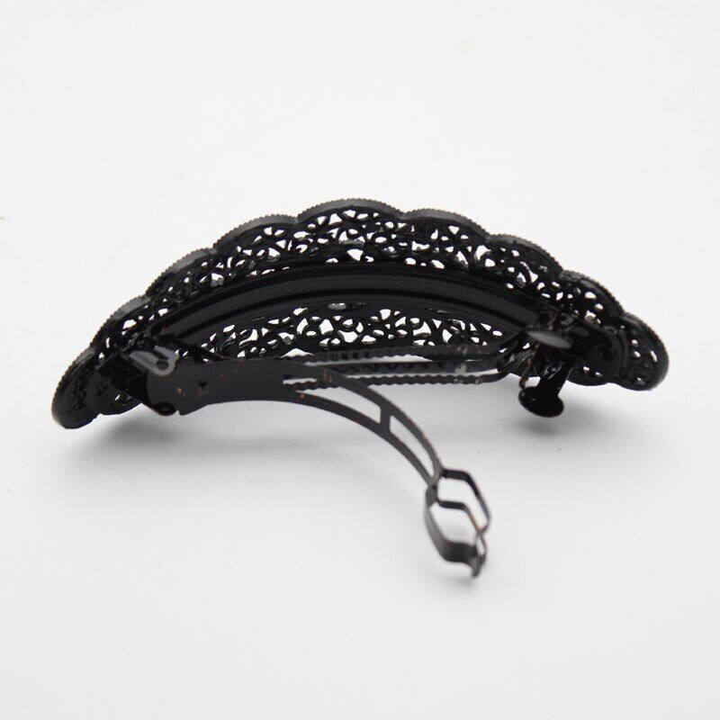 Women Hair Clips Metal Antique Black Silver Rhinestones Hairwear Barrette 10x4cm