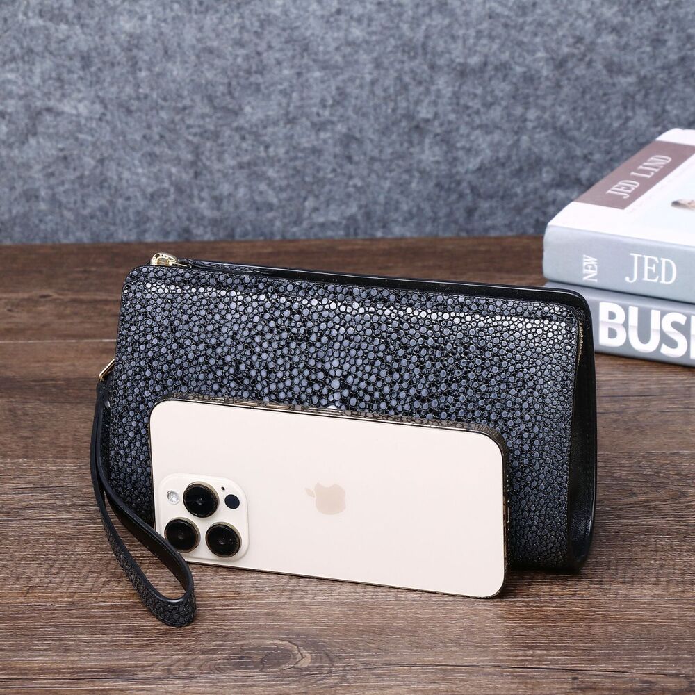 Cowhide Leather Men's Clutch Bag, Desinger Pearl Fish Skin Pattern Long Wallets