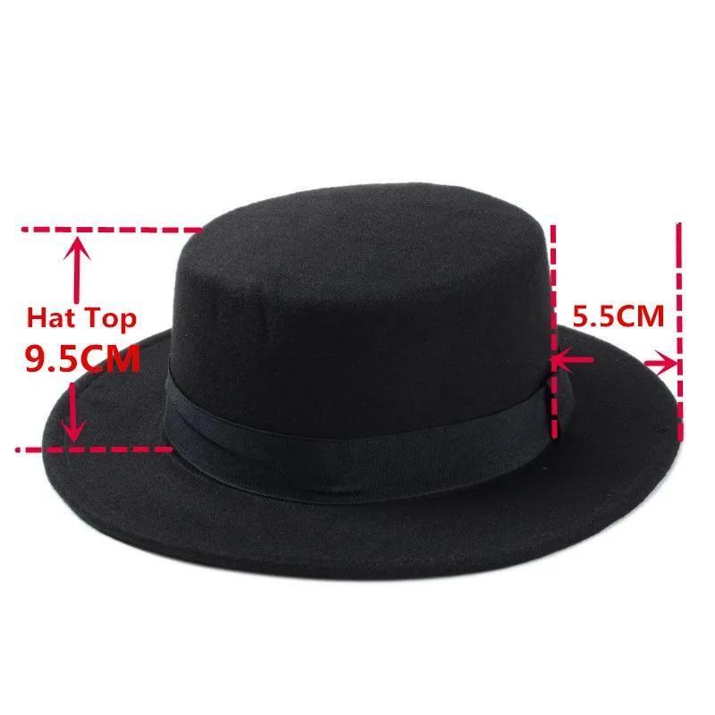 Flat Top Hat Wool Pork Pie Boater Fashion for Men Women Wide Brim Gambler Hat