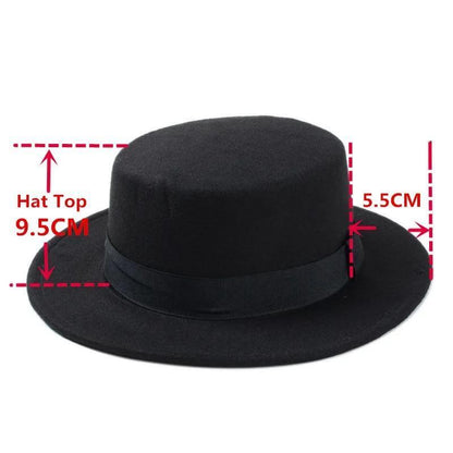 Flat Top Hat Wool Pork Pie Boater Fashion for Men Women Wide Brim Gambler Hat