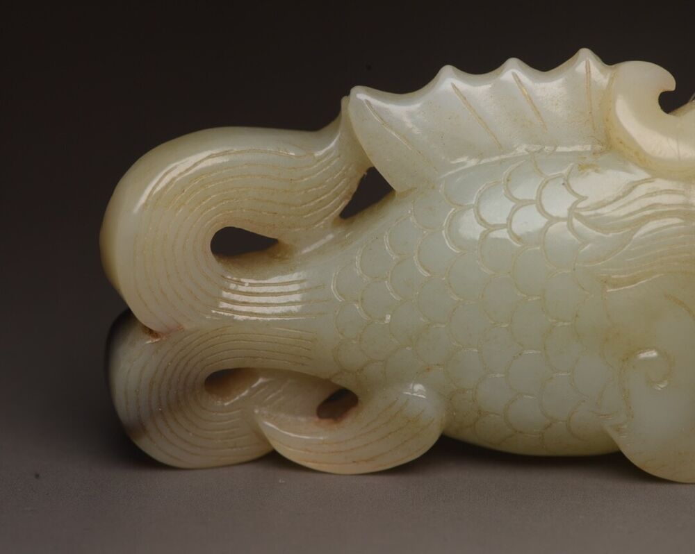 Old Peking Chinese Hetian Jade Carving Dragon Fish Statue Unique Wonderful Art