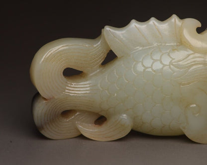 Old Peking Chinese Hetian Jade Carving Dragon Fish Statue Unique Wonderful Art