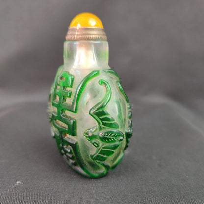chinese beijing carved glass snuff bottle antique fu bat statue Glaze rare art