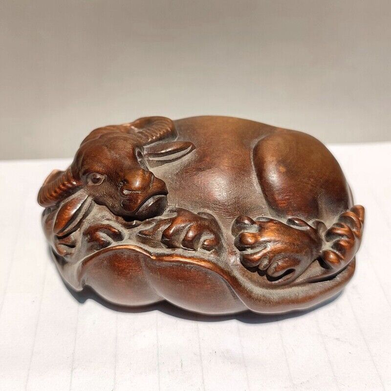Chinese Old Boxwood hand carved wooden african statues decor statue cattle gift