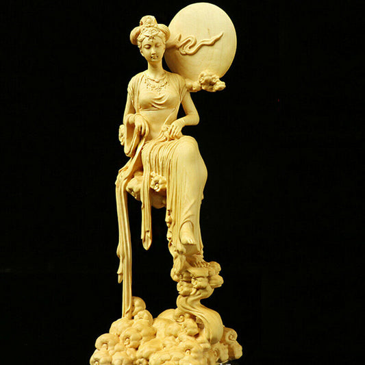 7" Boxwood Wood Carving Chang'e Statue Mythological Figure Sculpture Collection