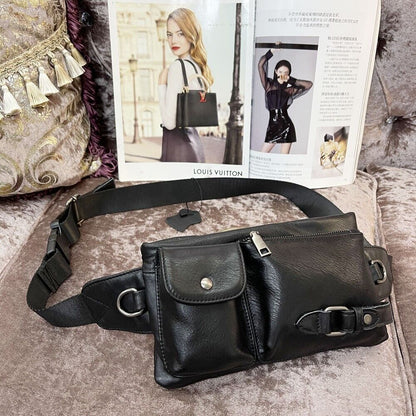 Black Men Real Cow Leather Waist Fanny Pack Sport Bags Sling Crossbody Bags