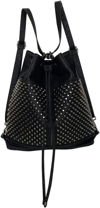 Chikencall Over-size Studded Bucket Bag for Women,3 Ways Multifunction Black