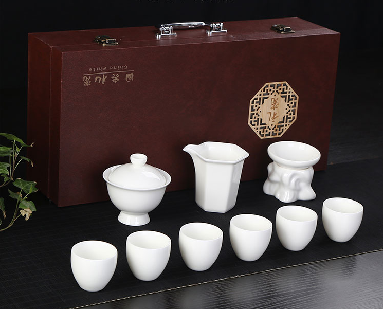 Hand covered bowl tea cup pure white fat jade porcelain gift box set