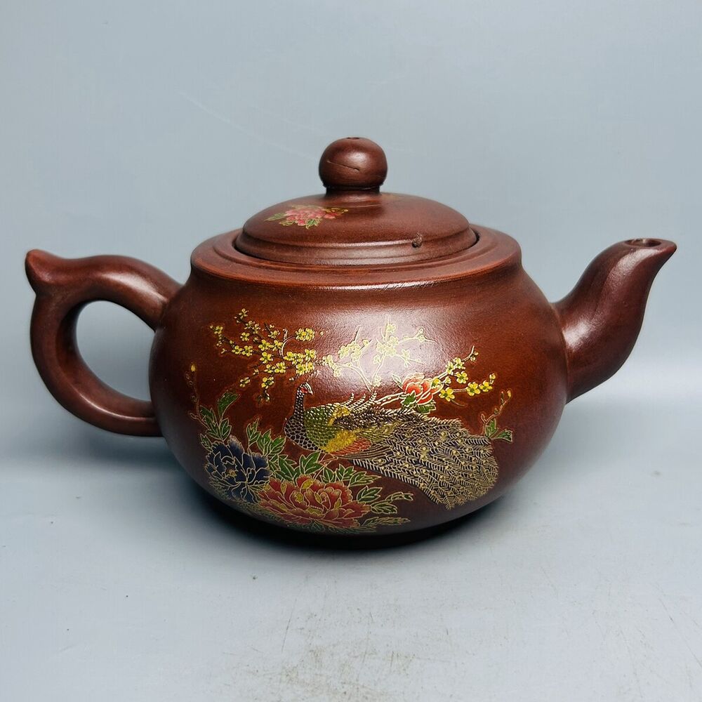 Vintage Chinese Yixing Purple Clay Teapot Zisha Ceremony Painted Peacock Teaware