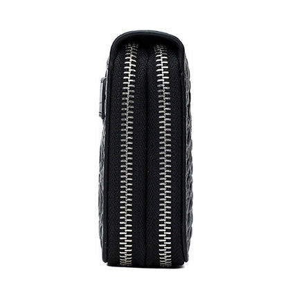 Men's Real Leather Clutch Bag, Double Zipper Long Business Wallets Phone Holder