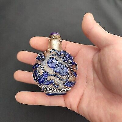 vintage peking glass snuff bottle collect carving bat statue box blue mouse art