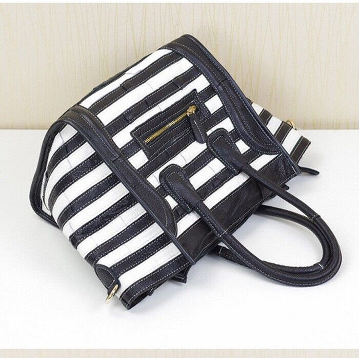 Women's Bag Luxury Genuine Leather Tote Handbags Black and White Shoulder Bag
