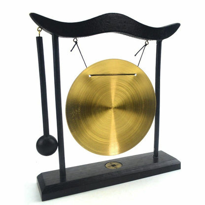 Feng Shui Brass Gongs Desktop Zen Art Fortune Decor Wooden Stands 8x7.5x2 Inch