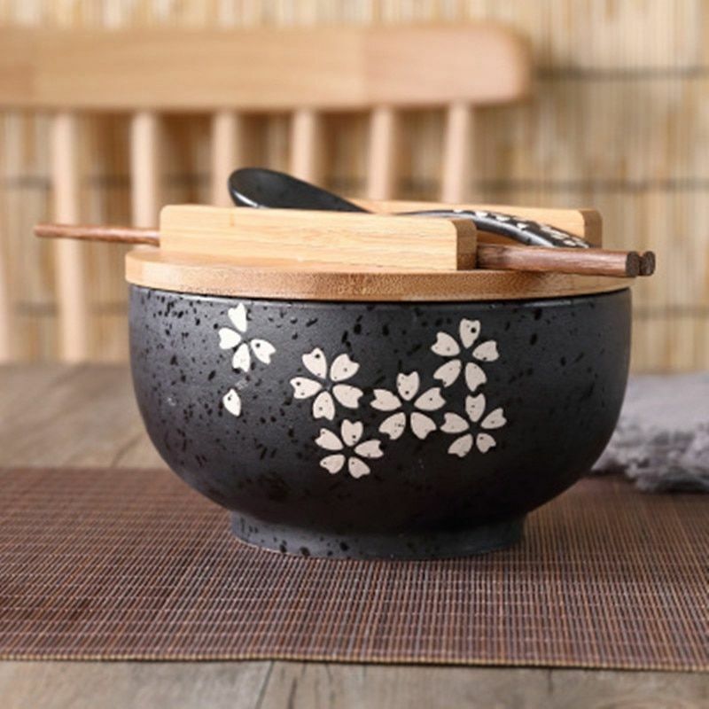 4 Piece/Set Ceramic Bowls Spoon+Chopstick Wooden Deck Instant Noodles Containers