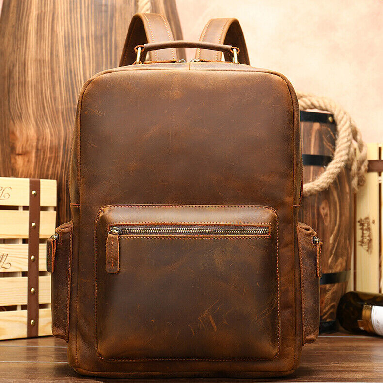 Crazy Horse Leather Men's Retro Backpack LargeTravel Rucksack Daypack School Bag