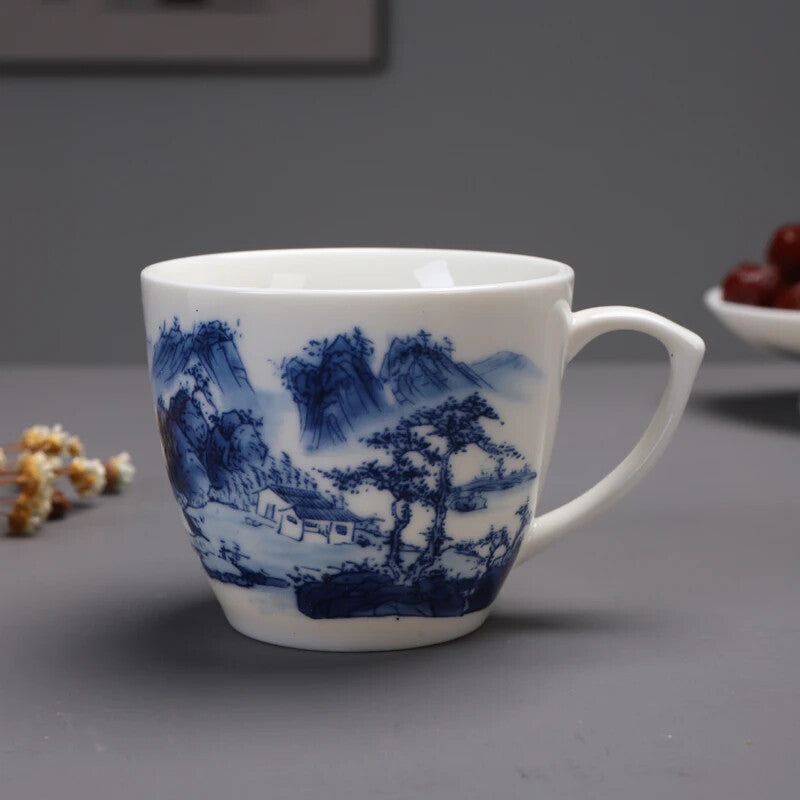 Chinese Blue and White Porcelain Teacup with Handle Office Coffee Cup Ceramic