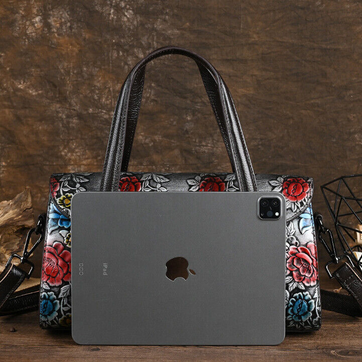 Genuine Leather Floral Embroidered Vintage Handbag Women's Tote Shoulder Bags