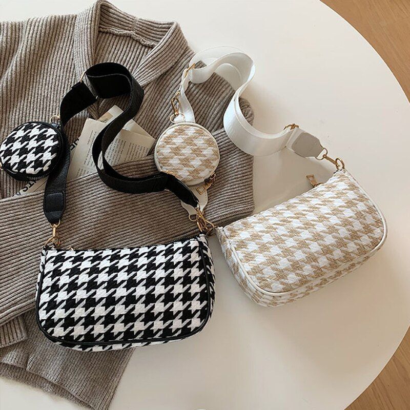 Vintage Plaid Print Shoulder Bag Round Purse Casual Small Crossbody Bags 2 pcs