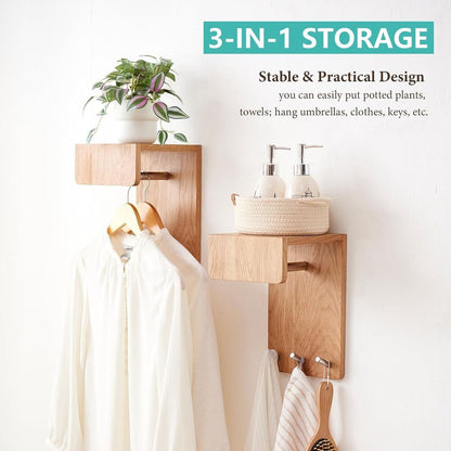 Oak Coat Rack Shelf Wall Mount 3-In-1 Wood Entryway Wall Shelf with 3 Hooks