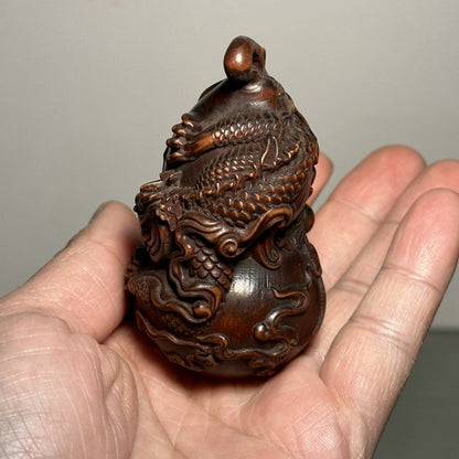 Chinese Boxwood Carved Dragon Gourd Statue Wooden Figurines Art Gift Collection