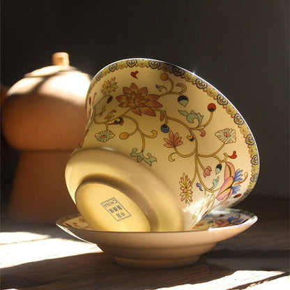 Luxurious Porcelain Ceramic Gaiwans Flower Designed Tea Cups And Saucers Set New