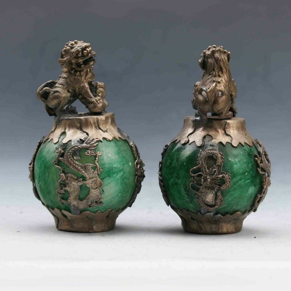 EXQUISITE CHINESE SILVER DRAGON INLAID GREEN JADE HAND CARVED PAIR LION STATUE