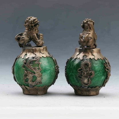 EXQUISITE CHINESE SILVER DRAGON INLAID GREEN JADE HAND CARVED PAIR LION STATUE