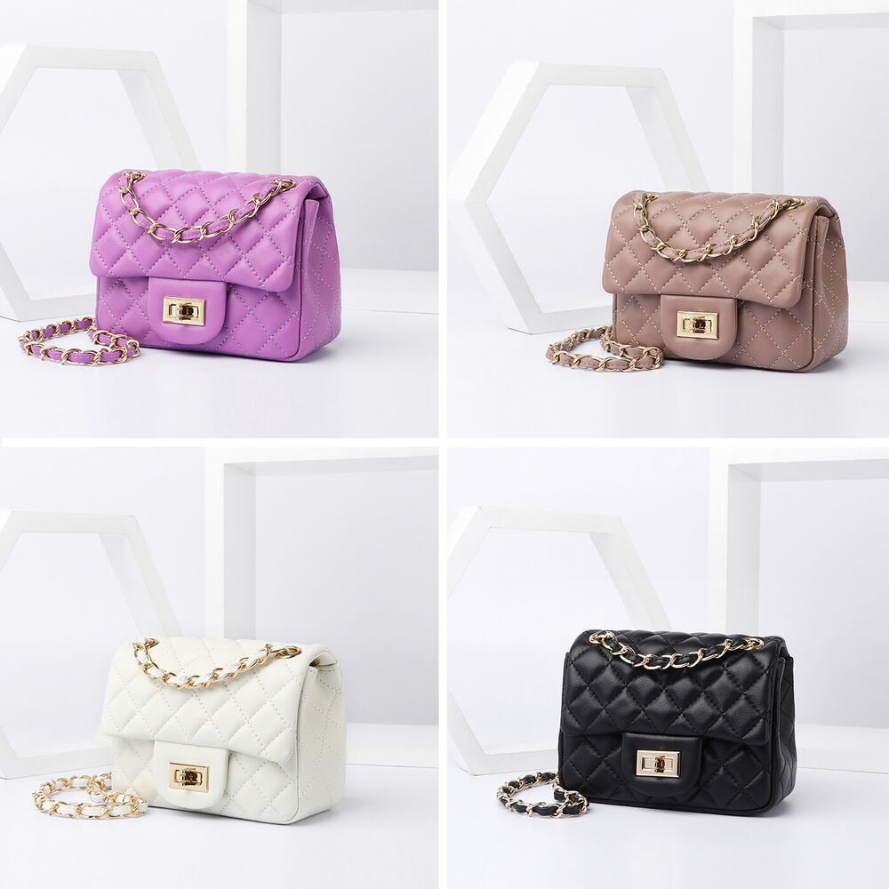 Quilted Sheepskin Leather Small Flap Purse Clutch w/ Chains Shoulder Bag Fashion