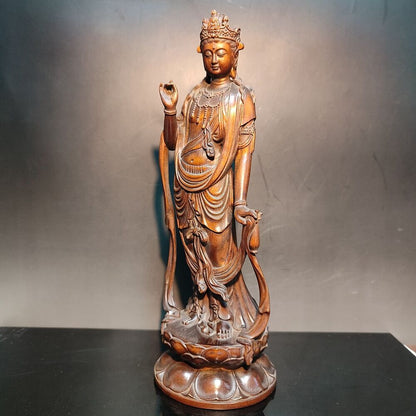8" Carved Guan Yin Statue Wooden Buddha Quan Kwan Yin Bodhisattva Praying Figure