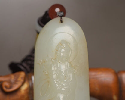 Chinese Top Natural Hetian Jade Carved Kwan Yin Statue Good Luck Pendant Jewelry