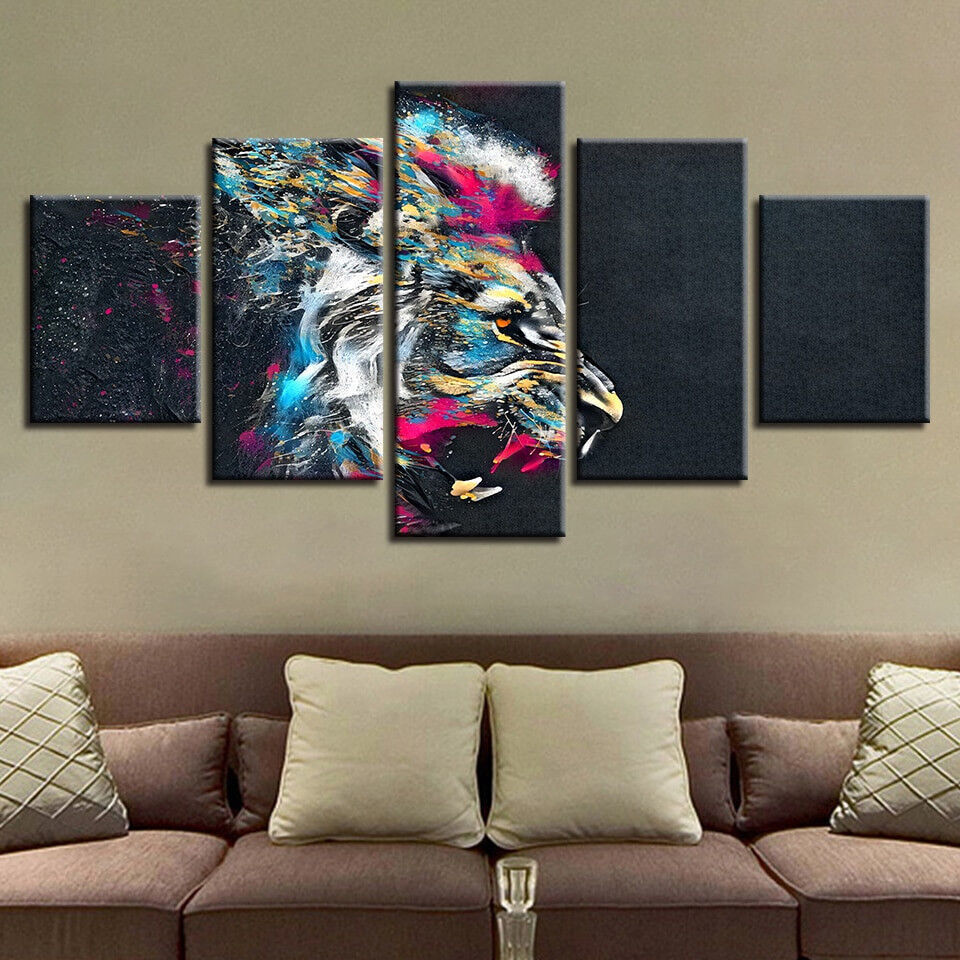 Psychedelic Angry Lion Animal Painting 5 Panel Canvas Print Wall Art Home Decor