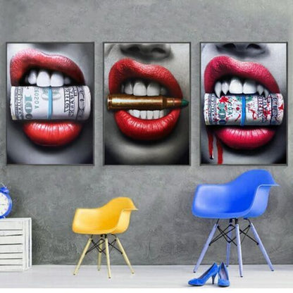 Lips Money Bullet Abstract 3 Piece Canvas Print Wall Art Home Decor Cuadros