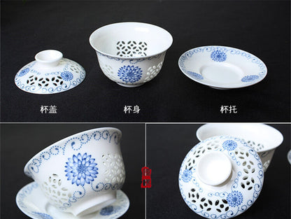 Gaiwan Tea set porcelain gaiwan floral print tureen hollow-out design cup bowl
