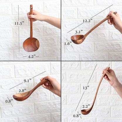 Handmade Wooden Soup Ladle Set Kitchen Spoon Set Utensils Natural Teak 4 Pieces