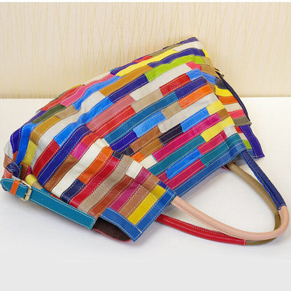 Genuine Leather Colorful Blocks Patchwork Handbags Large Capacity Women's Tote