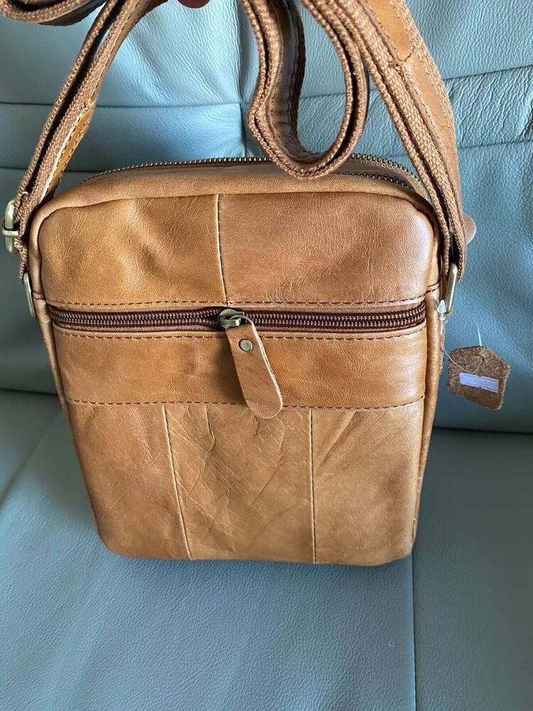 100% Genuine Leather Men's Sling Shoulder/Messenger Bag Double Zipper Brown Bag